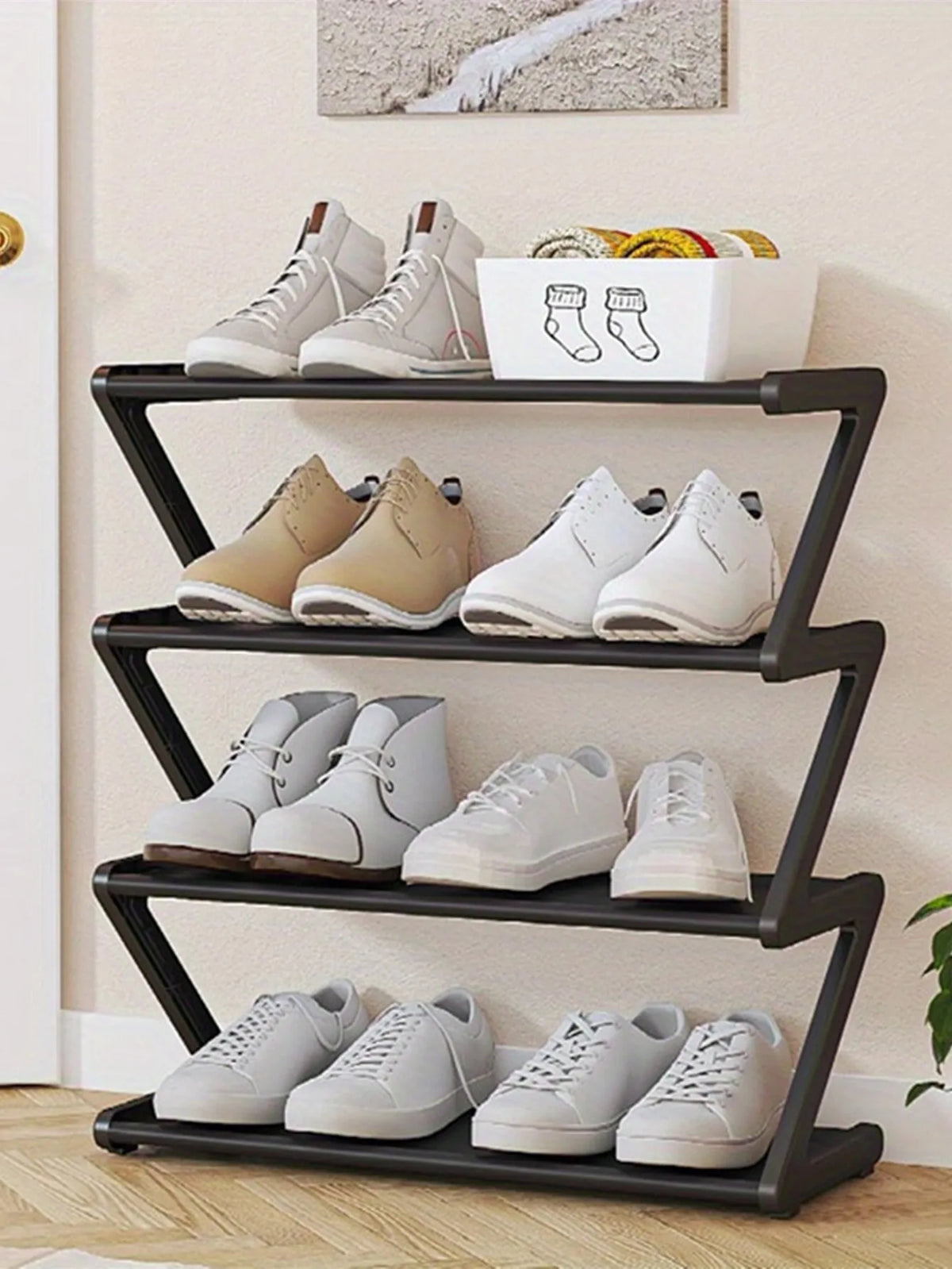 Modern 4-Tier Z-Shaped Shoe Stand Plastic Metal Steel Pipe Storage Rack for Entryway (Black)