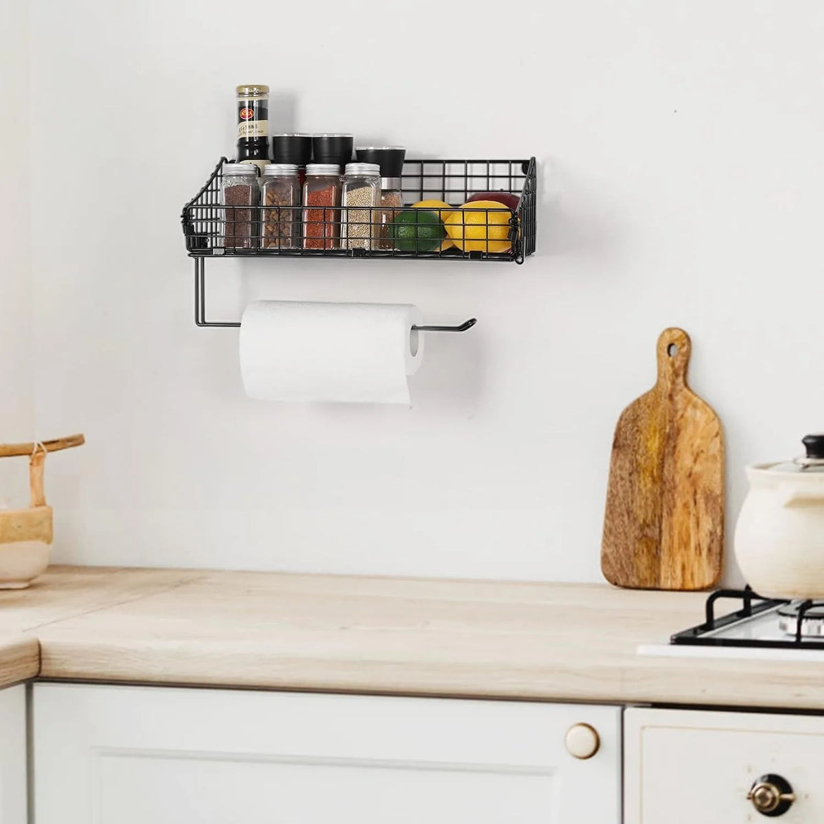 Metal Kitchen Bathroom Wall Organizer with Paper Towel Holder (Black)