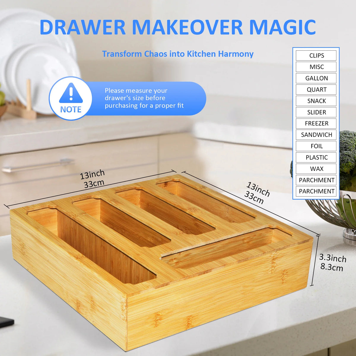 Bamboo Food Storage Bag Organizer for Kitchen Drawers