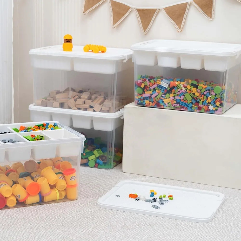 Stackable Toy Organizer 32QT with Building Baseplate Lid Tool Box Tray, 4-Pack