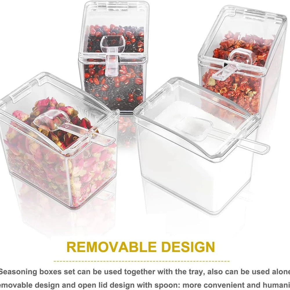Premium 4-Grid Acrylic Seasoning Box Organizer Clear Countertop Condiment Container