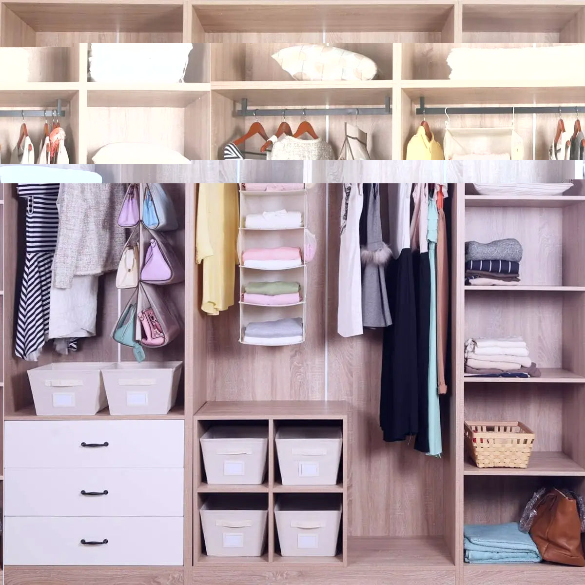 5-Pockets Hanging Closet Organizer Foldable Space Saver with Pockets (Beige)