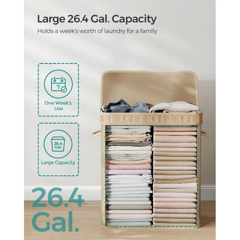 Bamboo Laundry Hamper with Lid 26.4 Gal with Removable &amp; Washable Liner (Natural Beige)