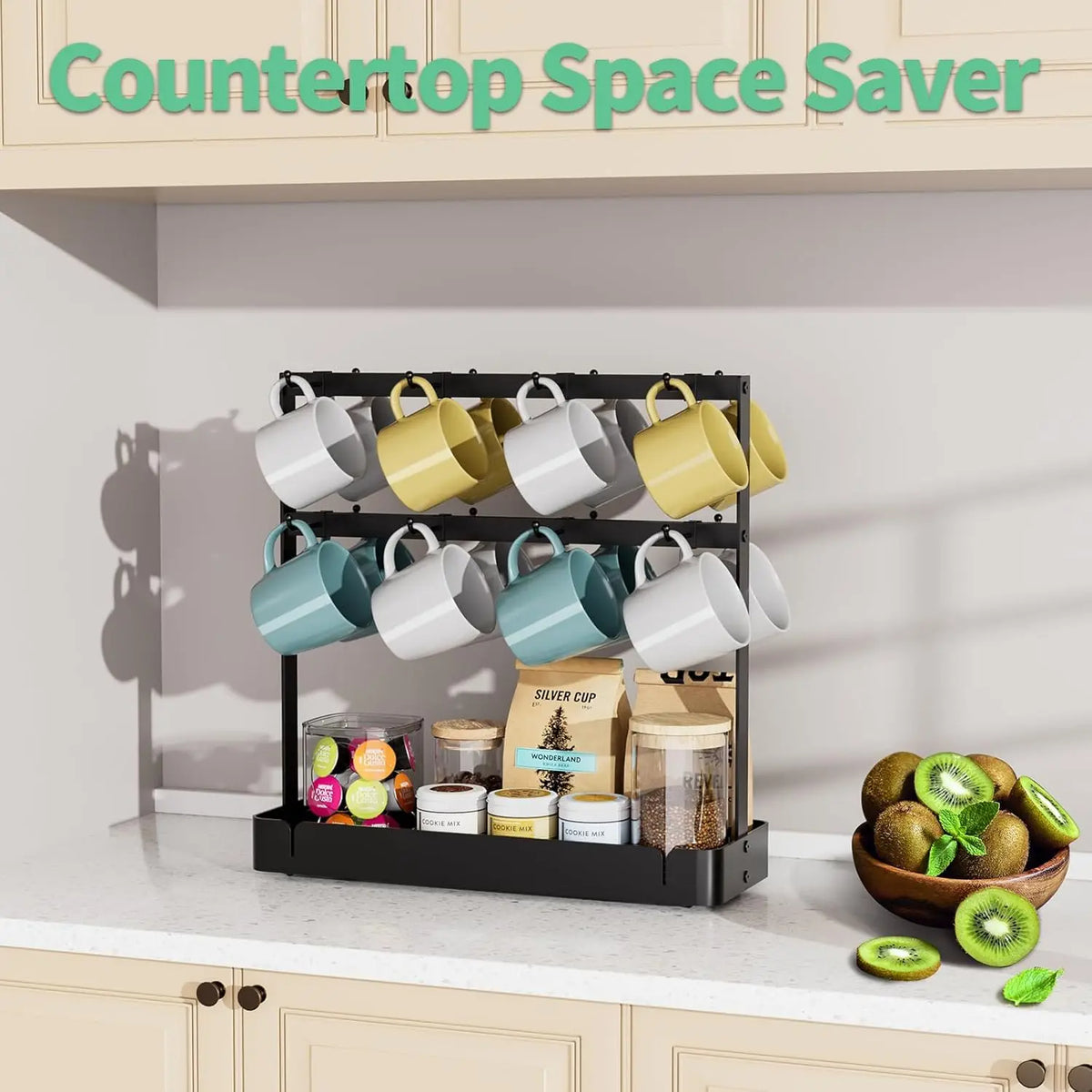 Mug Tree Holder Rack with Coffee Pod Storage &amp; Movable Hooks