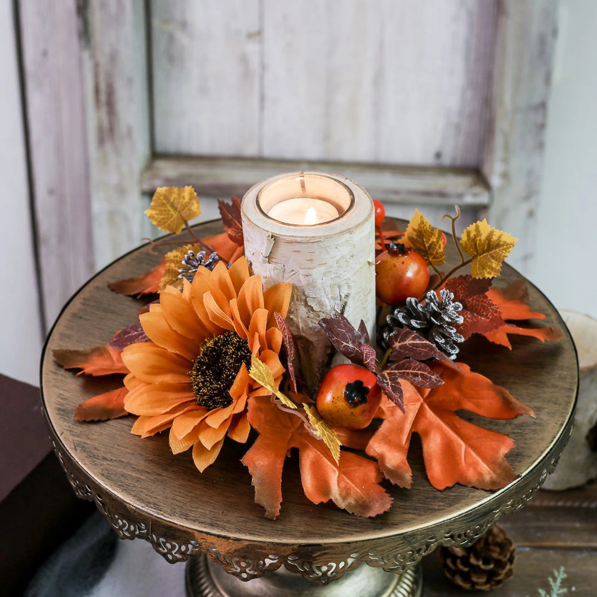 Thanksgiving Candle Ring Sunflower Fall Leaves Wreath Holiday Indoor Home Decor Party Favor