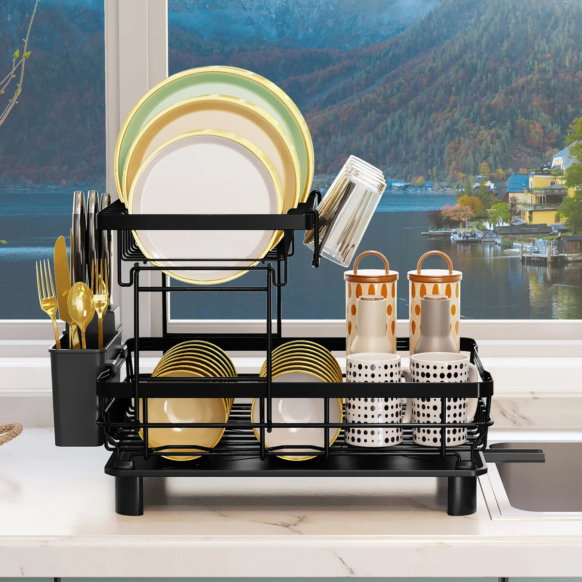 2-Tier Stainless Steel Dish Drying Rack (Black)