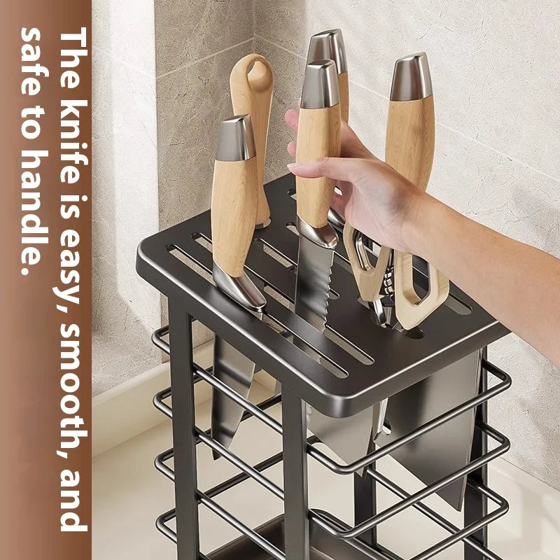 Multifunctional Countertop Kitchen Knife Block and Storage Rack (Grey)