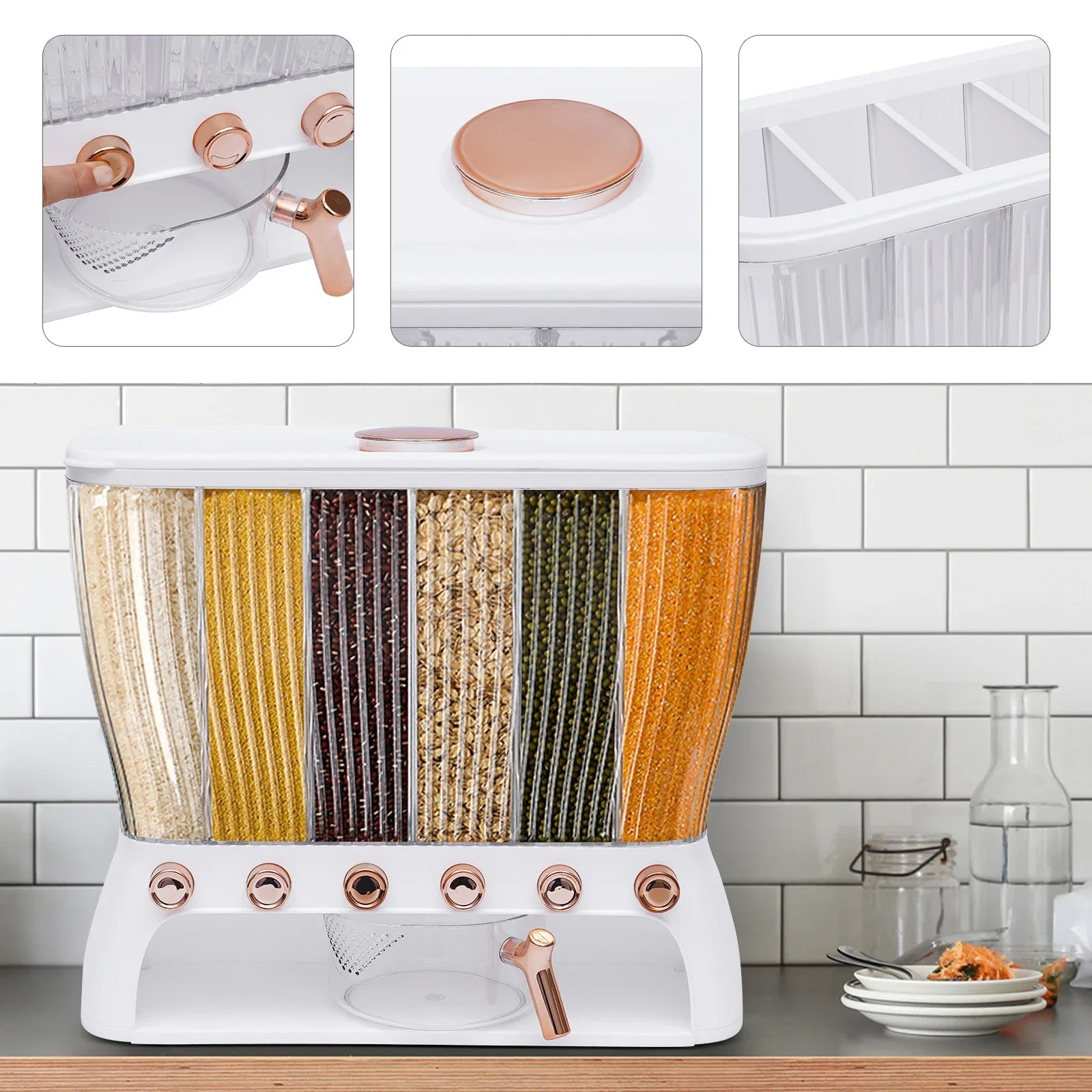 6-Grid Dry Food Dispenser Grain Storage Container for Kitchen