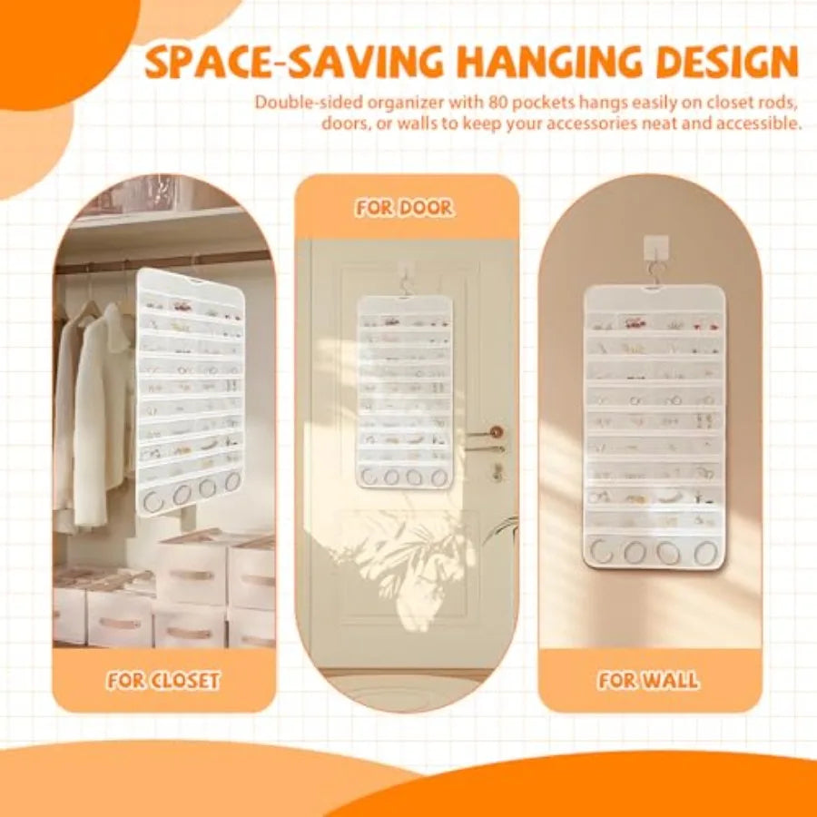 Hanging Jewelry Organizer, Double-Sided White Closet Jewelry Holder with Space-Saving Storage for Earrings, Rings, Bracelets &amp; Necklaces (White)