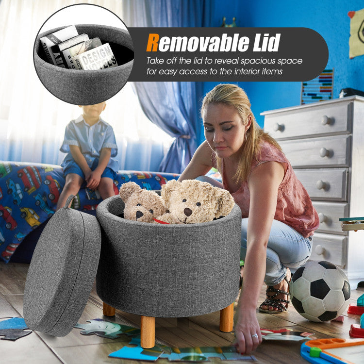 Round Fabric Storage Ottoman with Tray Non Slip Pads for Bedroom (Gray)