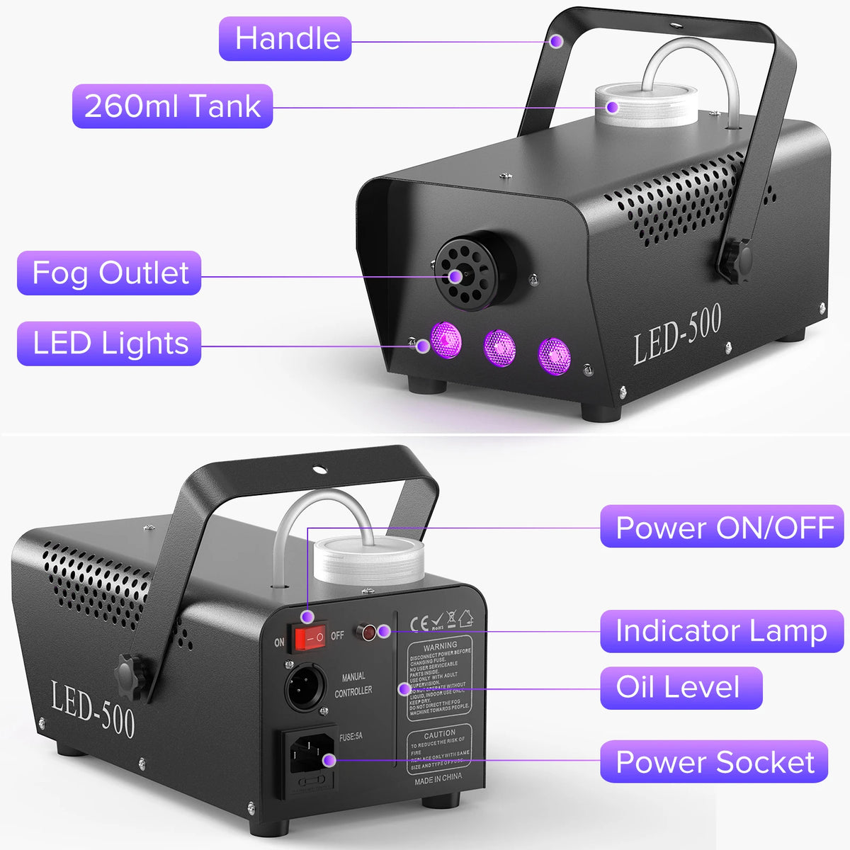 Smoke Machine 500W RGB 3 LED Stage Fog Machine (US Plug)