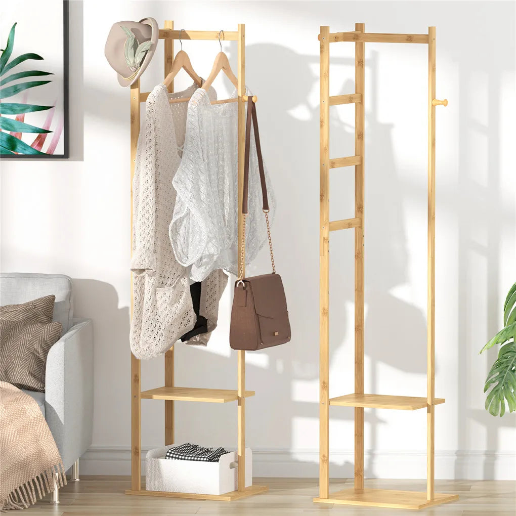 Bamboo Garment Rack with 2-Tier Storage Shelves – Freestanding Wooden Clothes Hanging Rack &amp; Closet Organizer