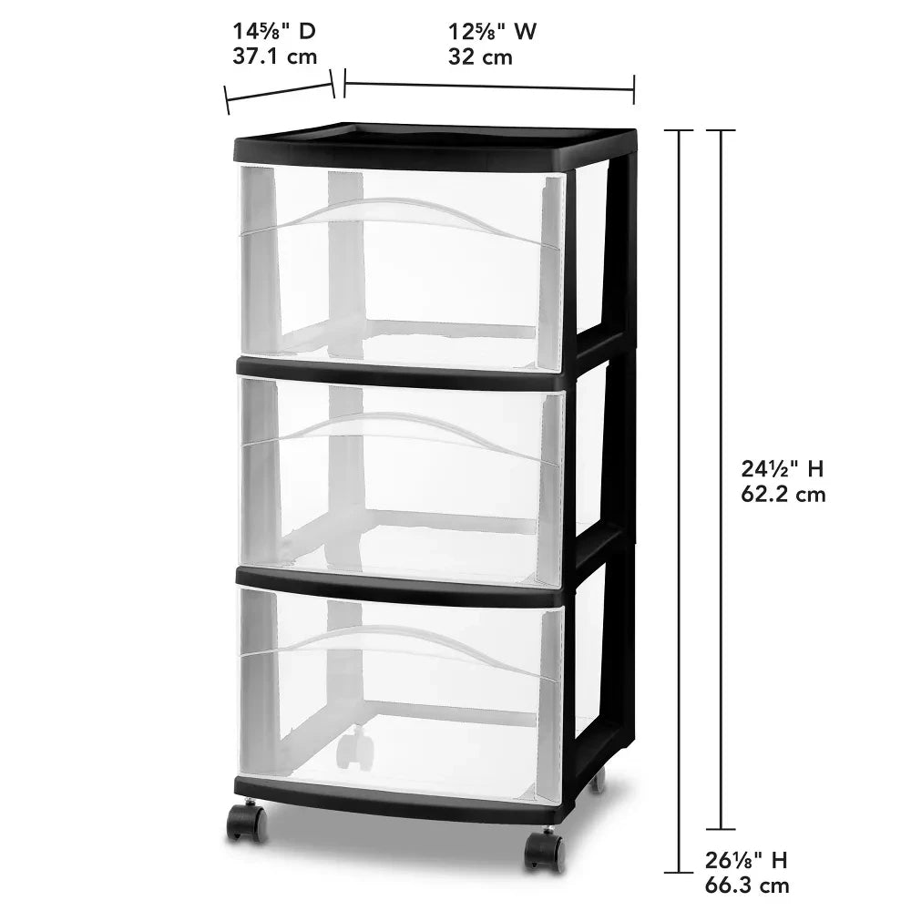 Portable 3-Drawer Storage Organizer Rolling Craft Office Cart (Black Frame)
