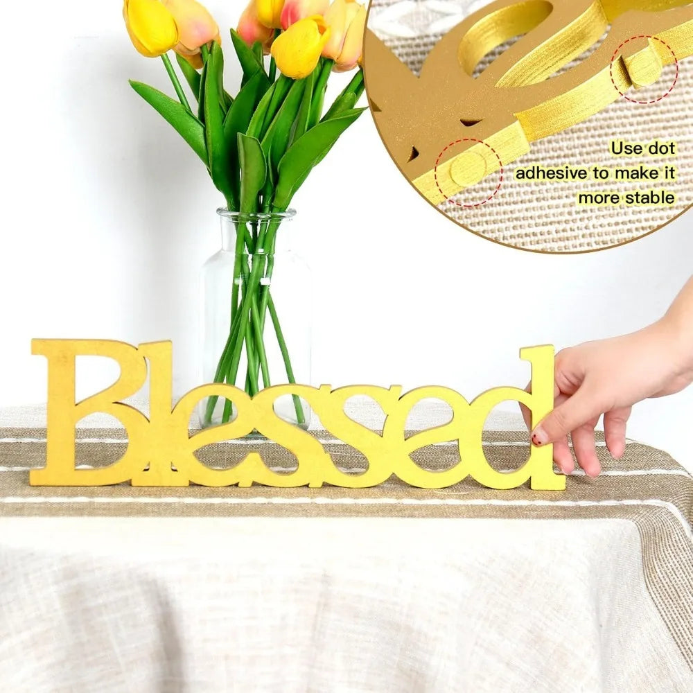 Blessed Rustic Wooden Table Sign Gold for Home Decor