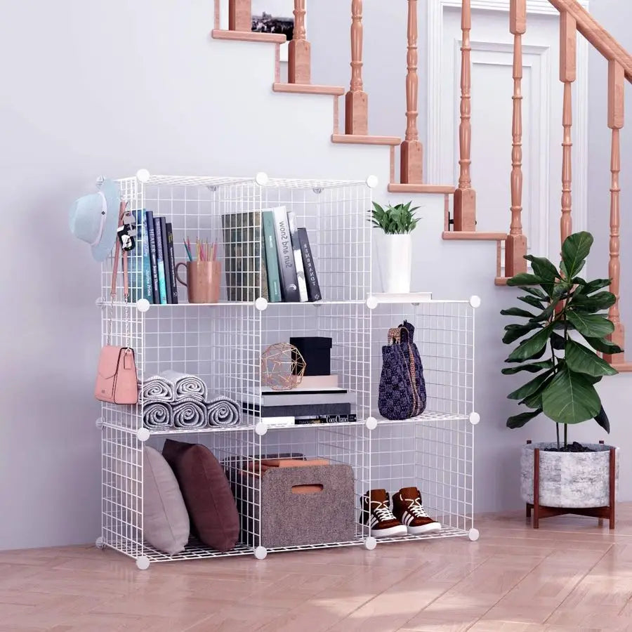 8-Cube Wire Storage Organizer – Modular Metal Grid Shelving Unit (Light Gray)