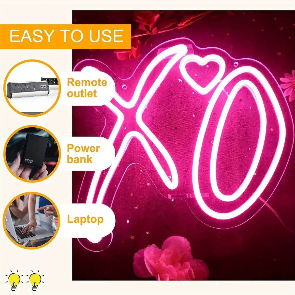 Pink XO Heart Neon Sign – Dimmable LED Neon Light for Wall Decor