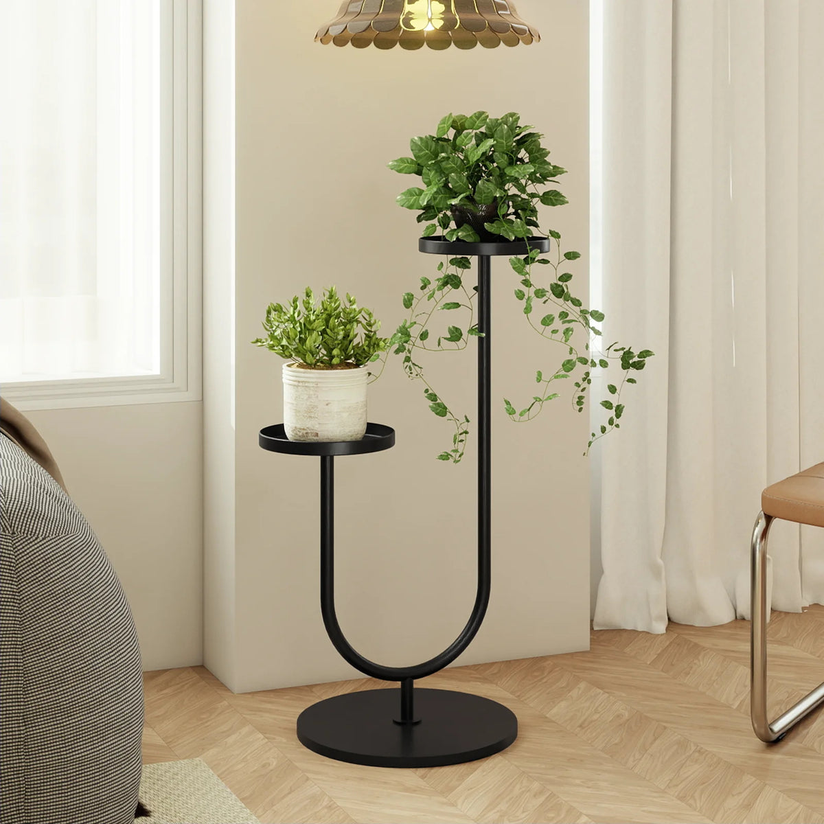 Modern Metal Plant Stand Indoor U-Shaped Black Planter Holder for 2 Pots
