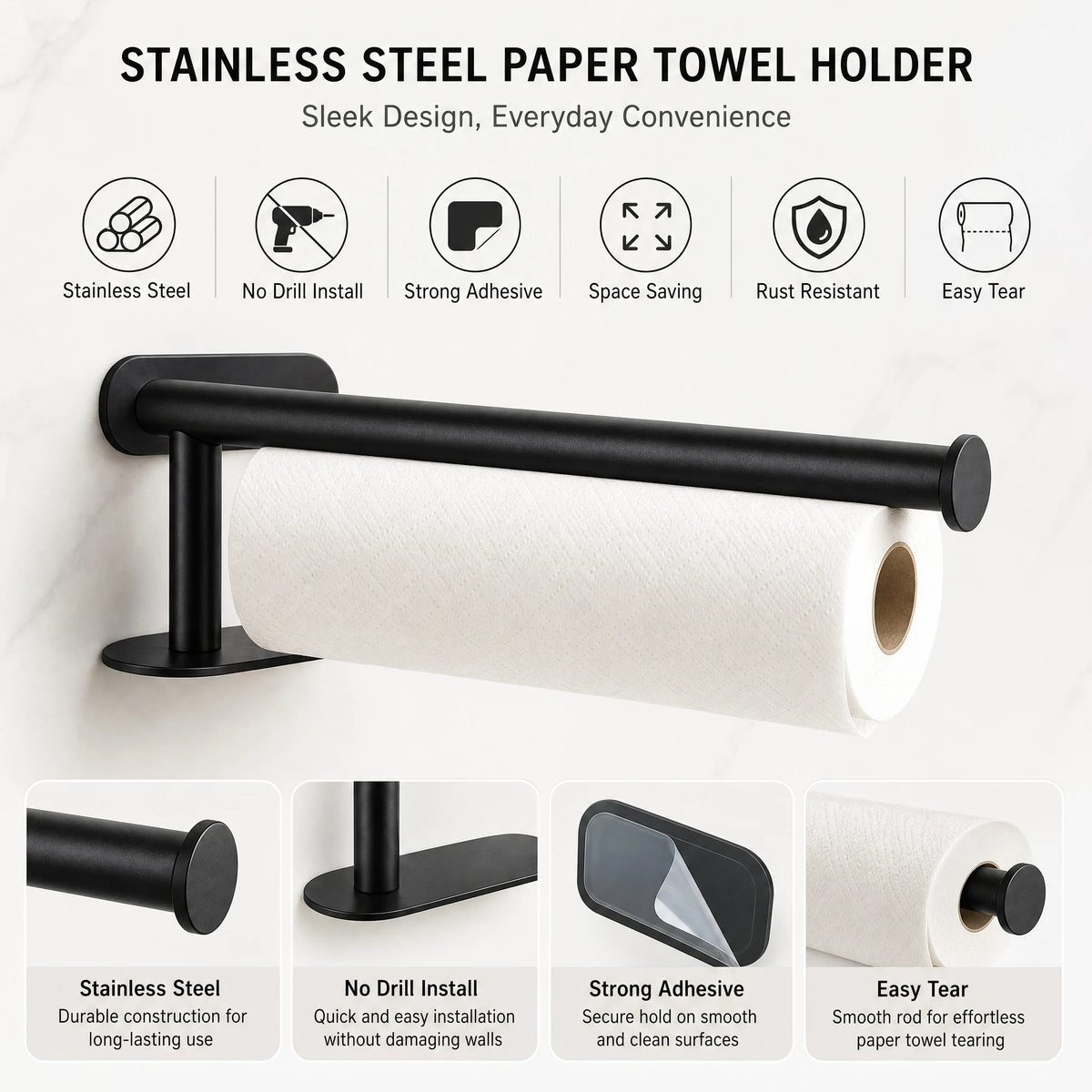 Paper Towel Holder, Strong Adhesive Wall Mount &amp; Countertop Kitchen Organizer, Adjustable Paper Towel Rack, Rust-Resistant Space-Saving Storage (Black)