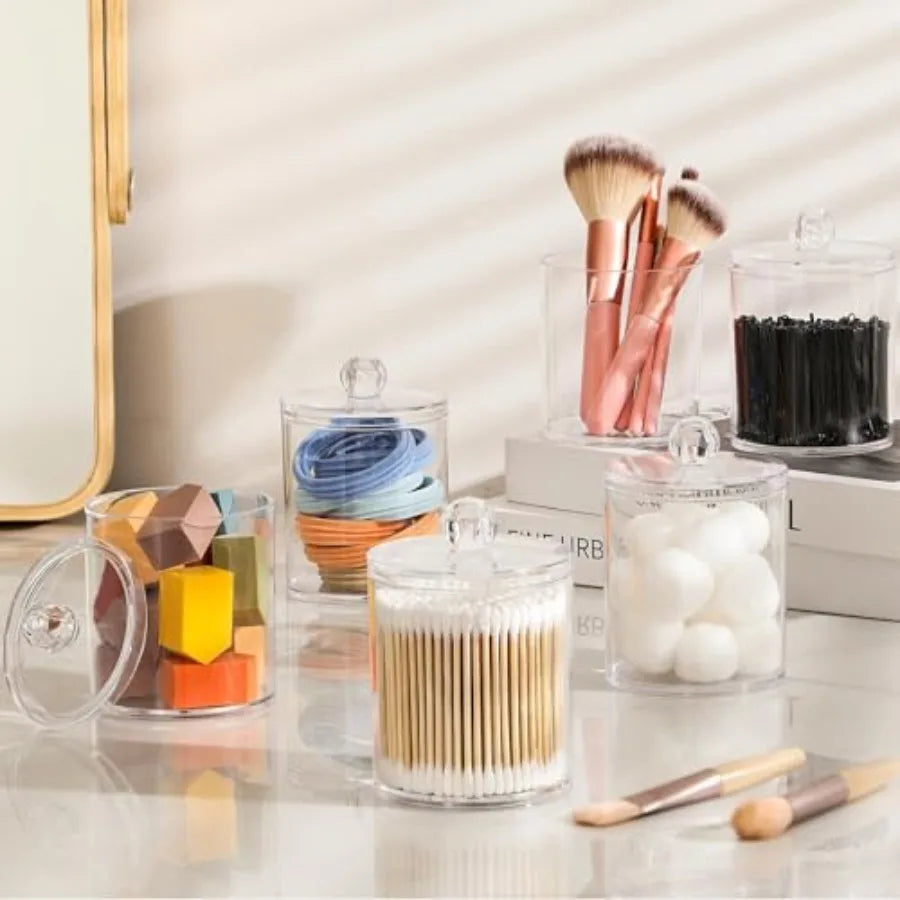Acrylic Qtip Holder Dispenser, 4-Pack Cotton Swab &amp; Cotton Ball Holder, Makeup Pad Storage Container, Clear Bathroom Vanity Organizer, Small Apothecary Jar