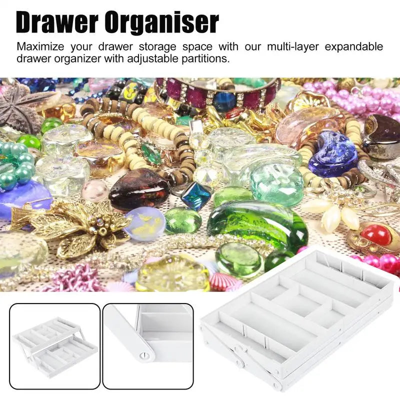 2-Layer Foldable Storage Tray – Expandable Drawer Organizer for Jewelry and Small Items