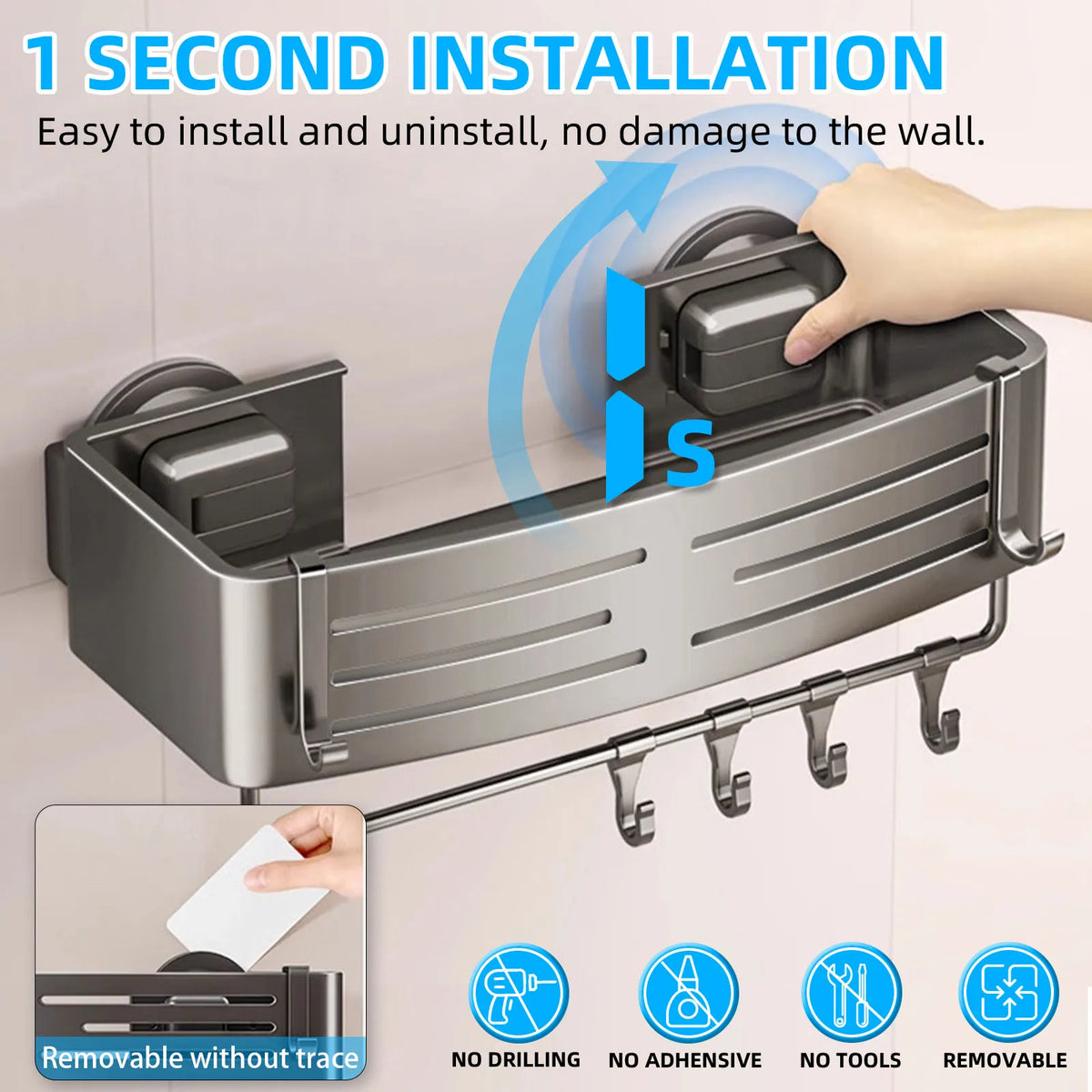 Suction Cup Bathroom Shelf Organizer Cargo Storage Caddy with 4 Hooks and Integrated Towel Bar (Gray)