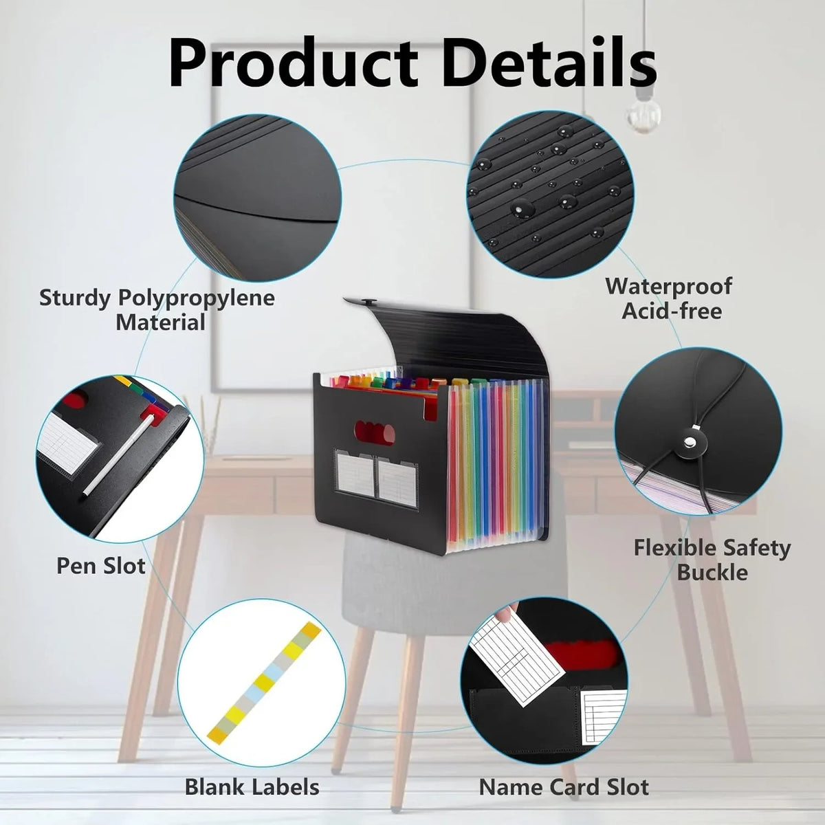 Portable 12-Pocket Expandable File Folder Organizer (Black)