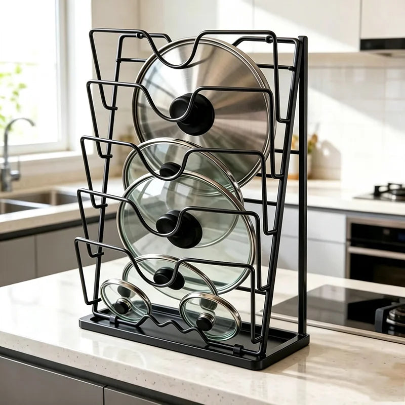 5-Tier Pot Lid Organizer Rack – Wall-Mounted Metal Kitchen Storage Holder for Pot Covers &amp; Cookware