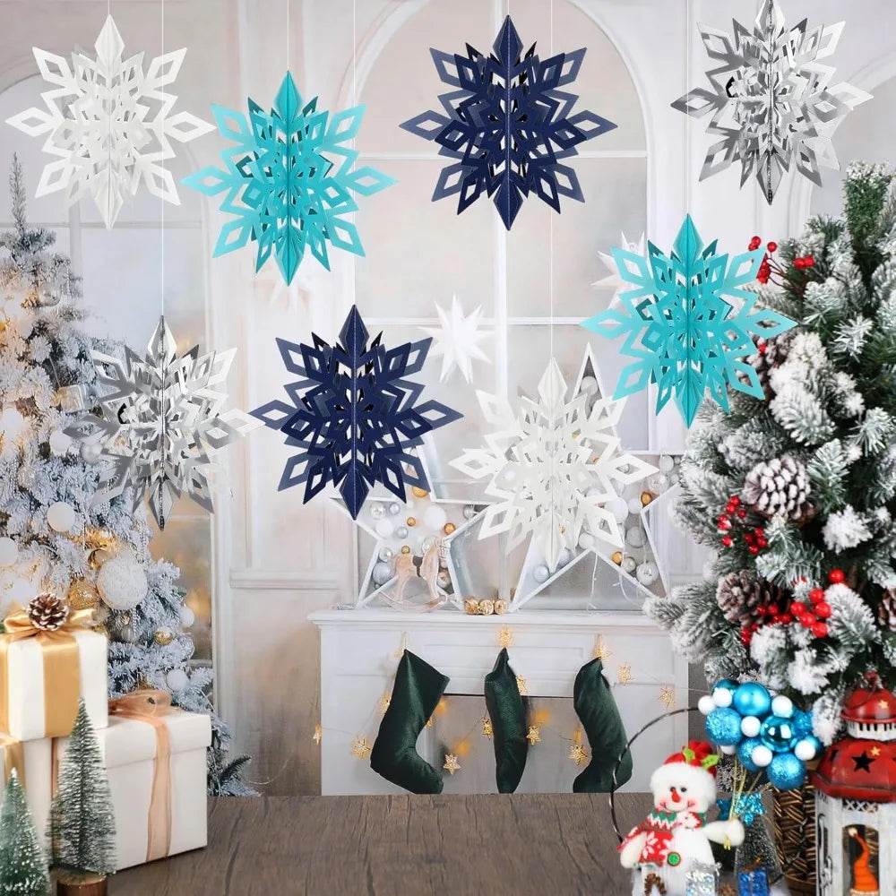 Winter Party Decorations: 8 Count 12&quot; Glittery 3D Paper Snowflake Ornaments – Large Hanging Snowflake Garland