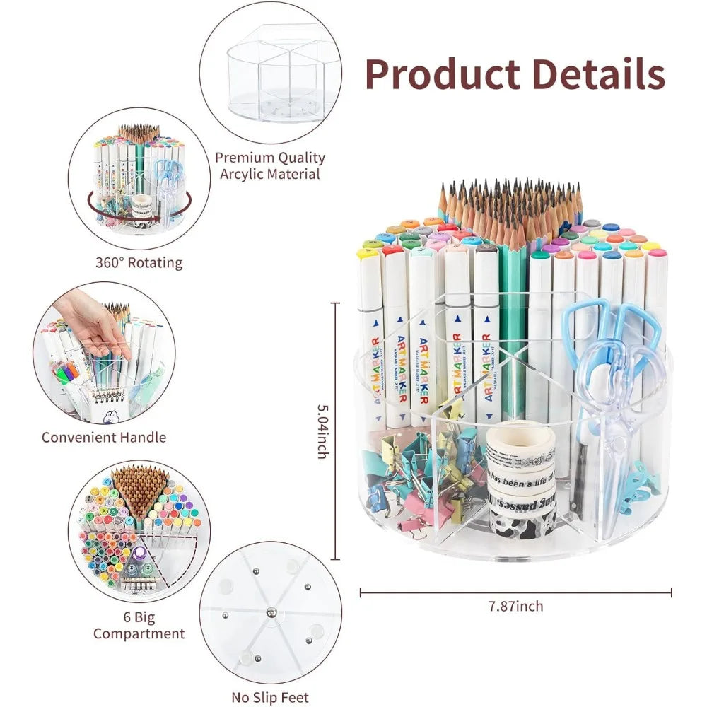 Acrylic Pen Holder &amp; Pencil Organizer 360 Degree Rotating Desk Organizer with Multiple Compartments for Markers Crayons &amp; Kids Desks