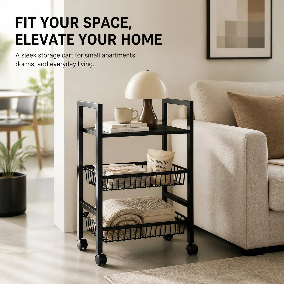 3-Tier Rolling Storage Cart with Wheels, Mobile Utility Organizer with Flat Top Shelf &amp; 2 Wire Baskets, Metal Kitchen, Bathroom &amp; Laundry Cart