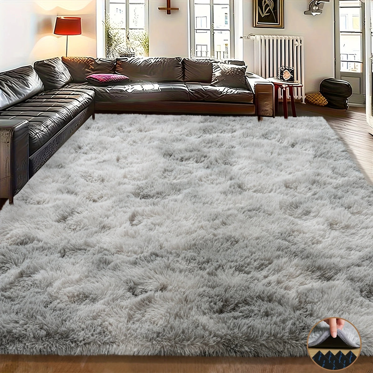Fluffy Tie Dyed Gray Area Rug Non-Slip Carpet for Living Room, Bedroom &amp; Home Decoration