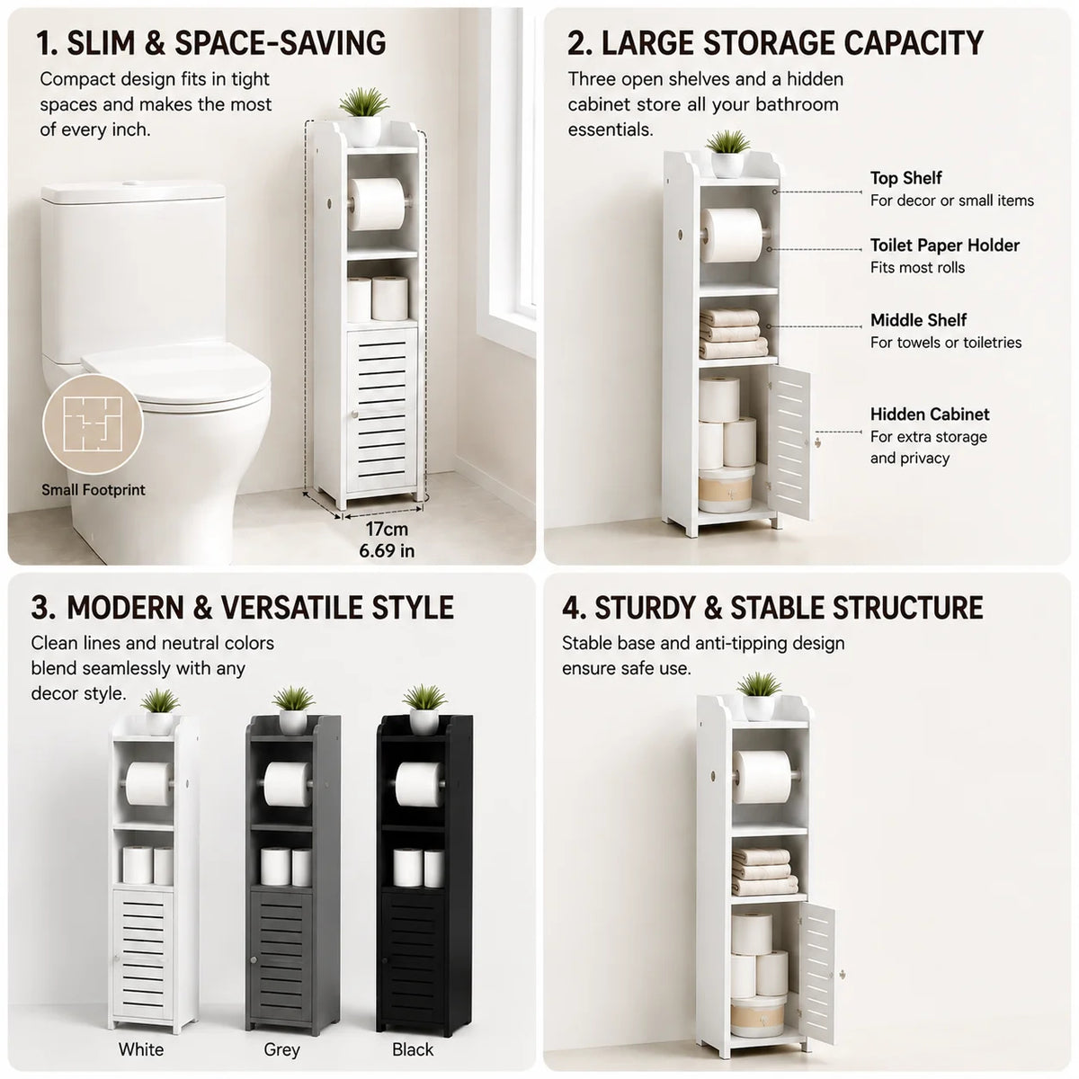 Slim Bathroom Storage Cabinet with Toilet Paper Holder – Narrow PVC Organizer with Shelves and Door for Small Bathrooms