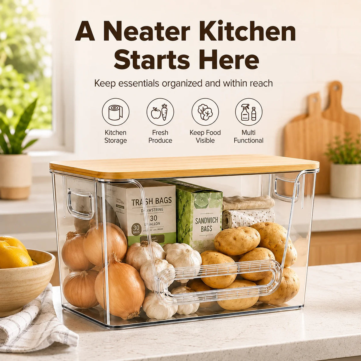 Bamboo Lid Refrigerator Storage Organizer, Transparent Stackable Fridge Storage Bin with Pull Handle, Food &amp; Beverage Organizer for Juice, Dairy, Produce, Pantry &amp; Kitchen Countertop