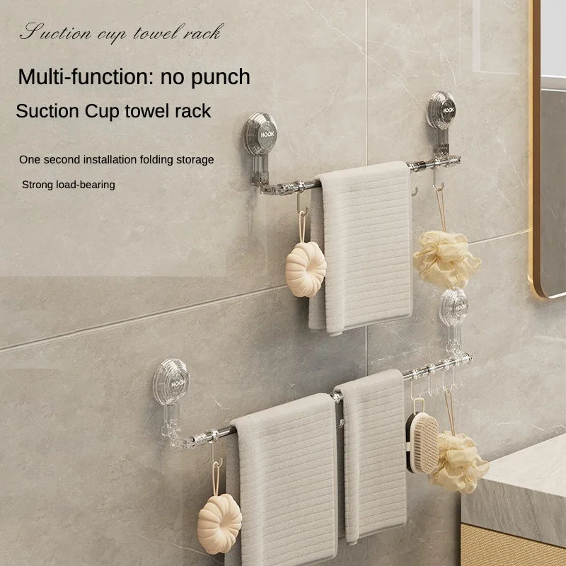 Suction Cup Retractable Towel Rack No-Drill Wall-Mounted Bath Towel Bar for Bathroom &amp; Kitchen