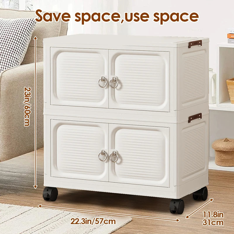 Stackable Closet Organizer 2-Tier with Wheels Large Capacity Storage Box (White)