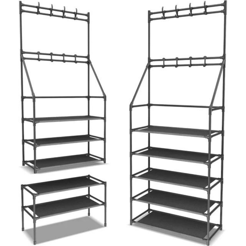 Multipurpose Storage 5-Tier Shoe and Hat Rack with 8 Hooks