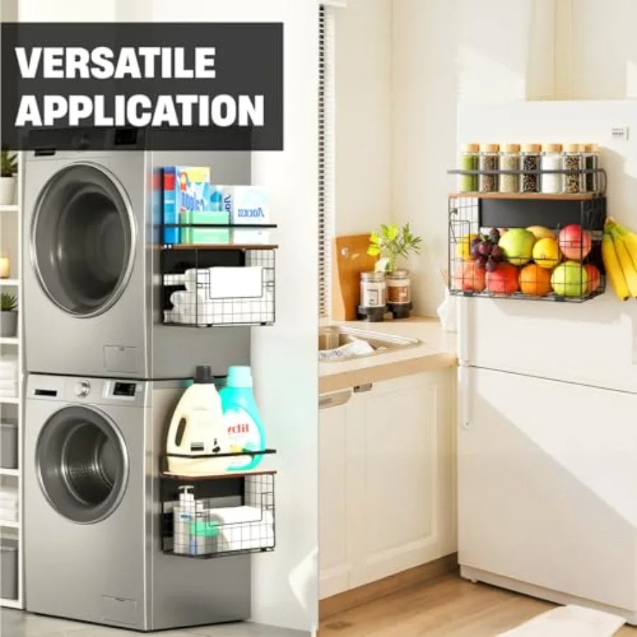 Magnetic Fridge Shelf with Wood Lid Storage Basket Bin