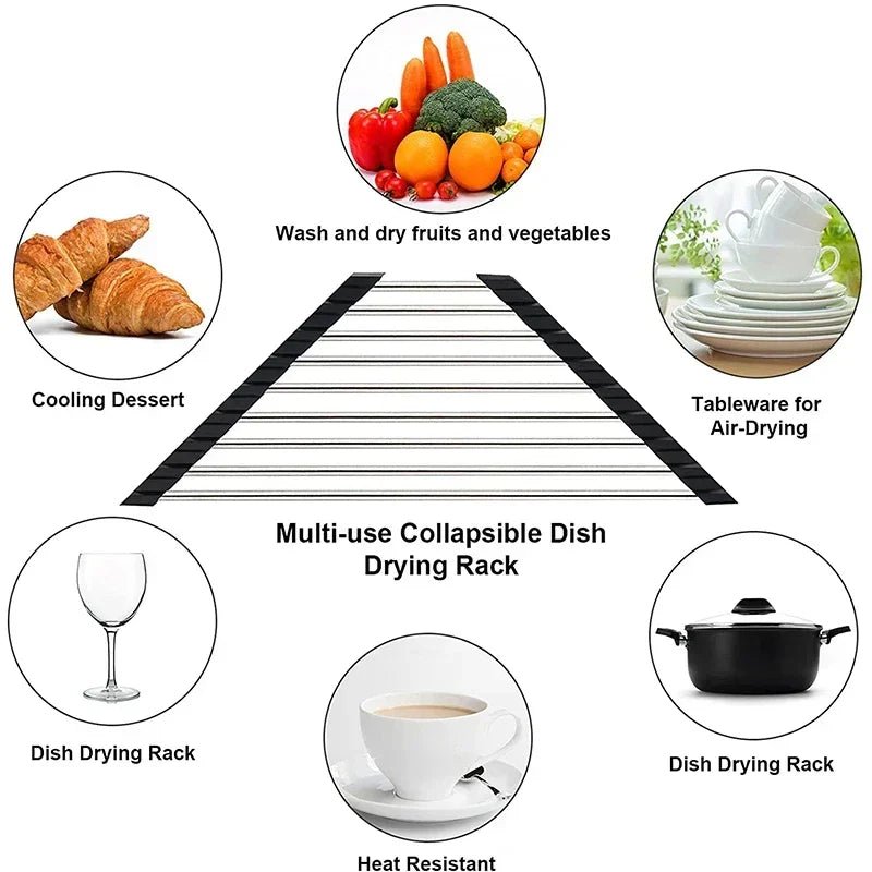 Roll Up Dish Drainer Stainless Steel Corner Organizer (Black)