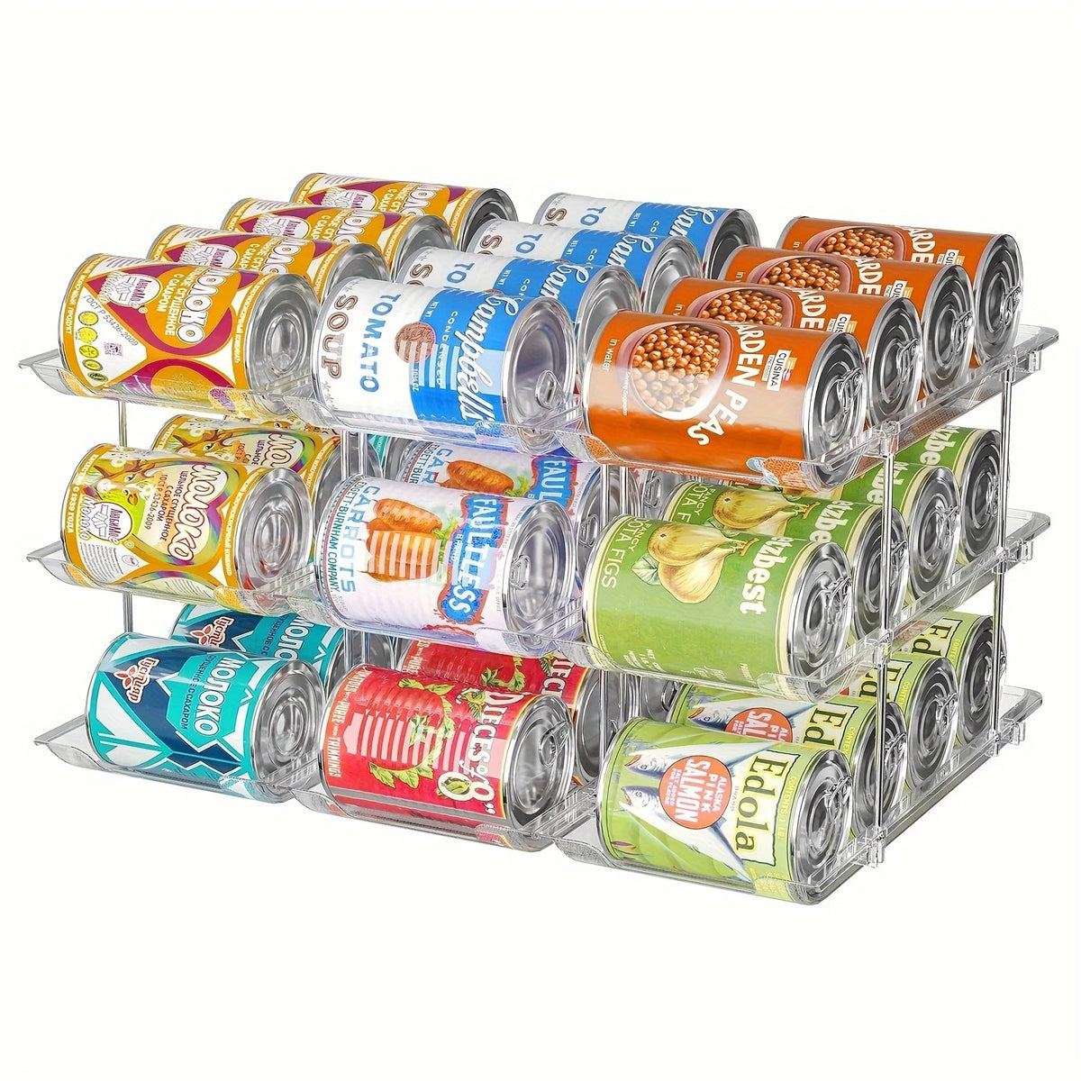 Stackable Clear Plastic 3-Tier Rolling Can Organizer 36-Capacity