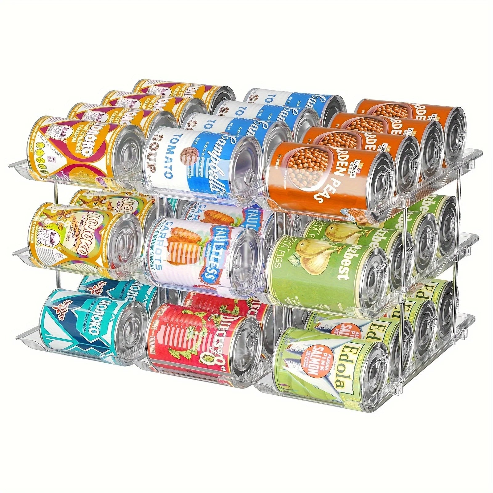 Stackable Clear Plastic 3-Tier Rolling Can Organizer 36-Capacity