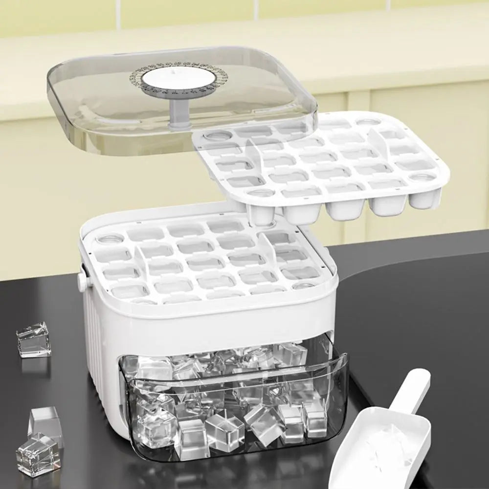50-Cube Ice Cube Tray with Storage Bin, Double-Layer Ice Maker with Easy-Press Lid (White)