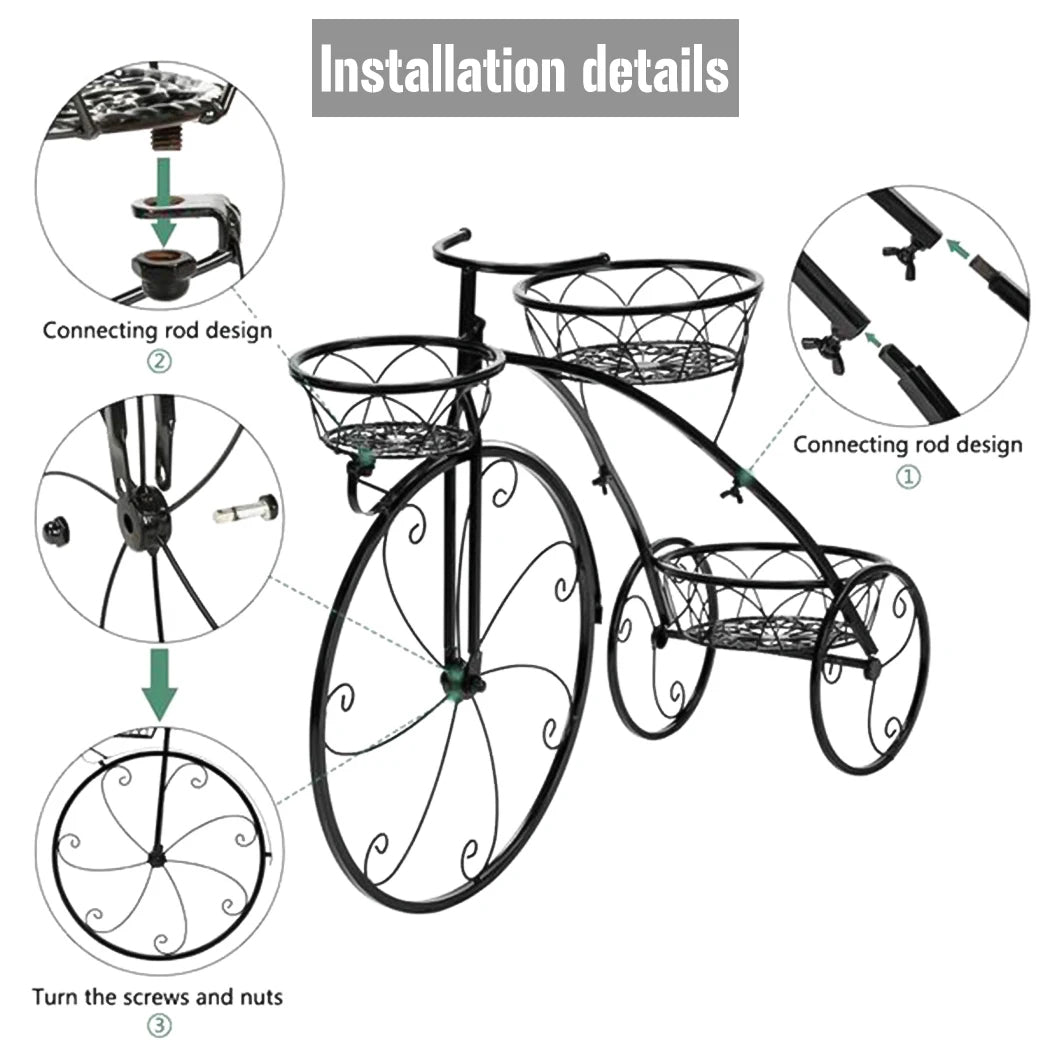 3-Tier Bicycle Plant Stand Wrought Iron Tricycle Planter (Black)