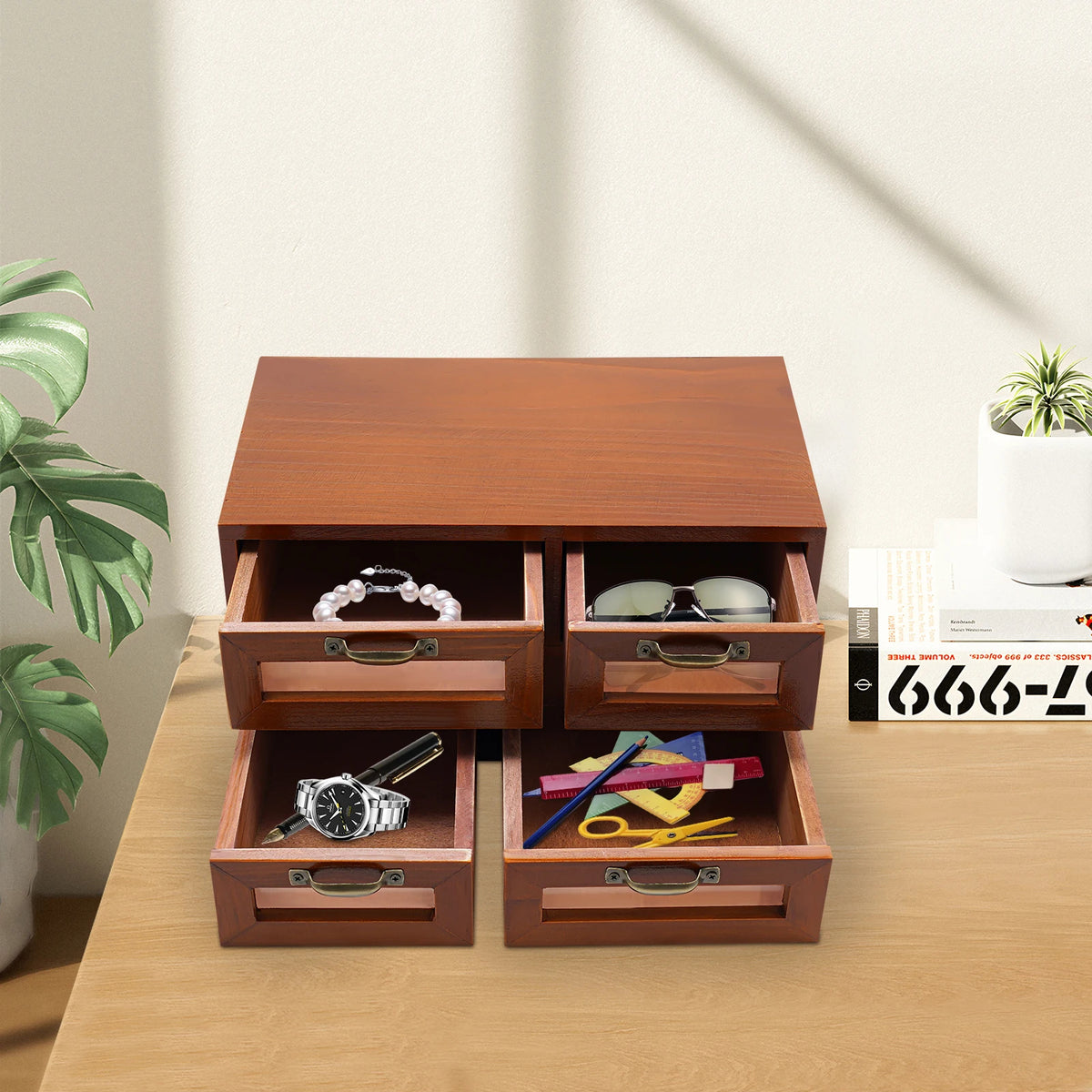 Retro Wooden 4-Drawer Desktop Organizer Box