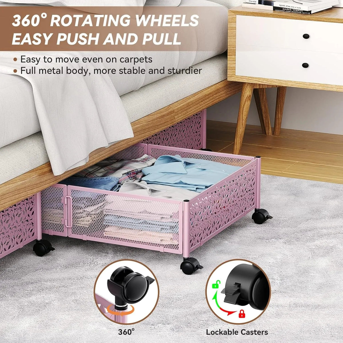 Rolling Under Bed Storage Organizer 2-Pack (Pink)