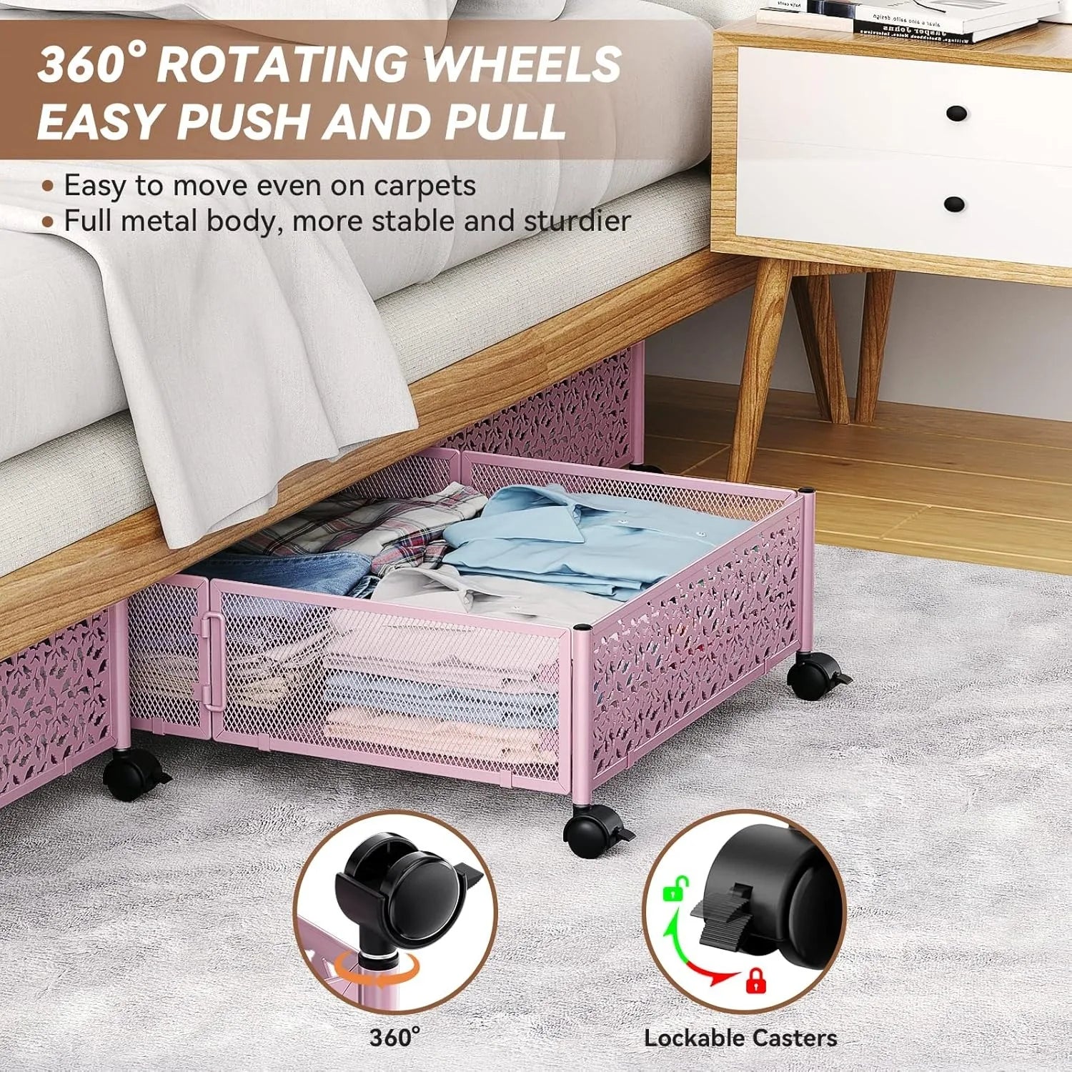 Rolling Under Bed Storage Organizer 2-Pack (Pink)
