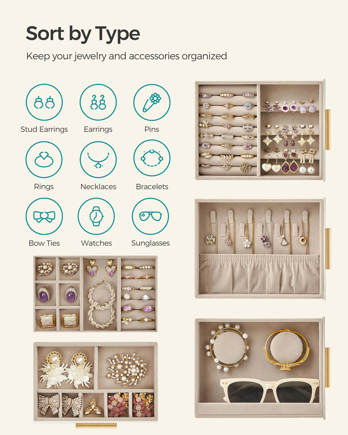 Elegant Jewelry Storage Box 5-Tier Organizer with Clear Glass Top and Drawers (Slate Gray)