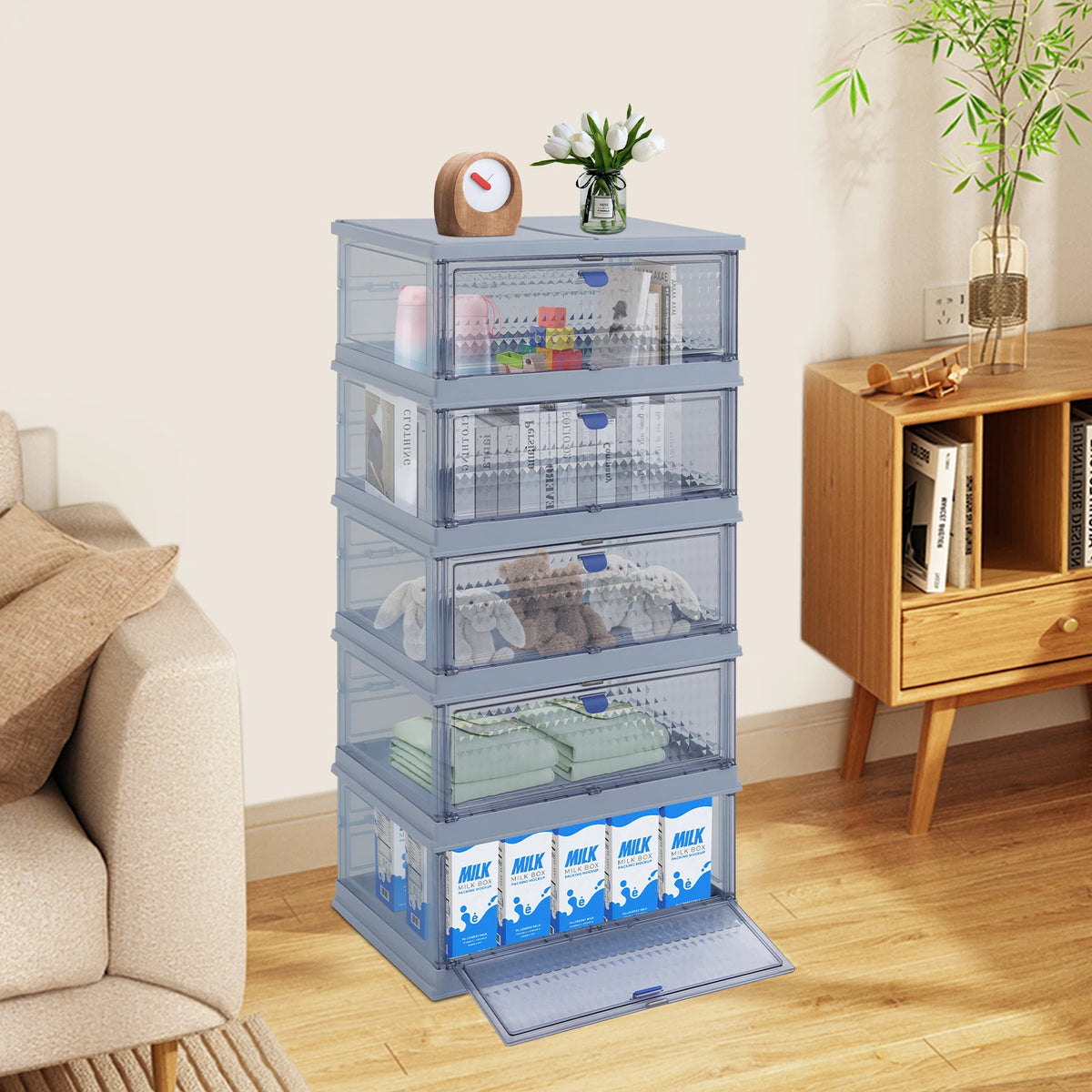 Foldable Storage Cabinet 5-Layer Stackable Storage Box (Blue)