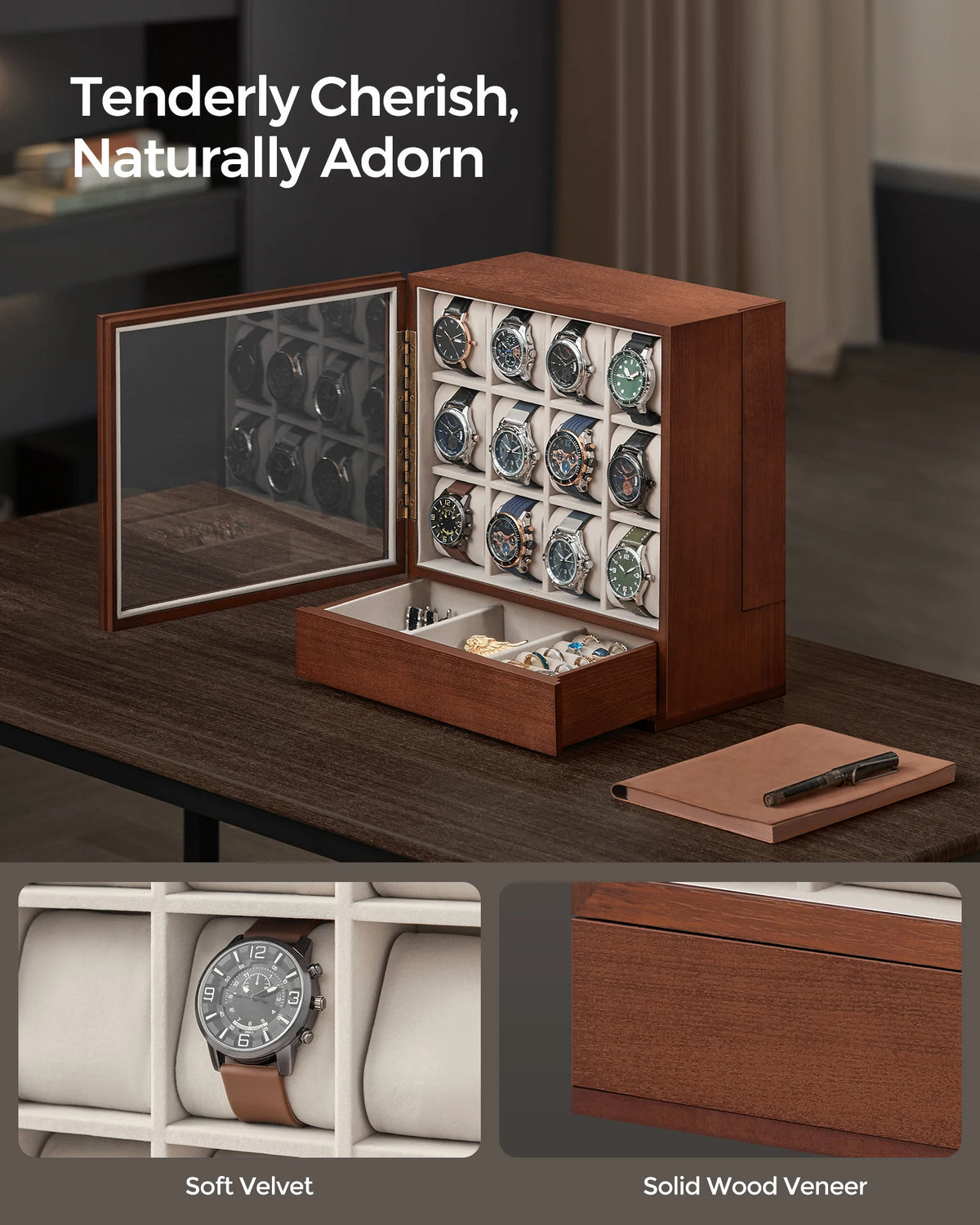 Luxury Wooden Watch Display Cabinet 12 Slot Organize (Brown)