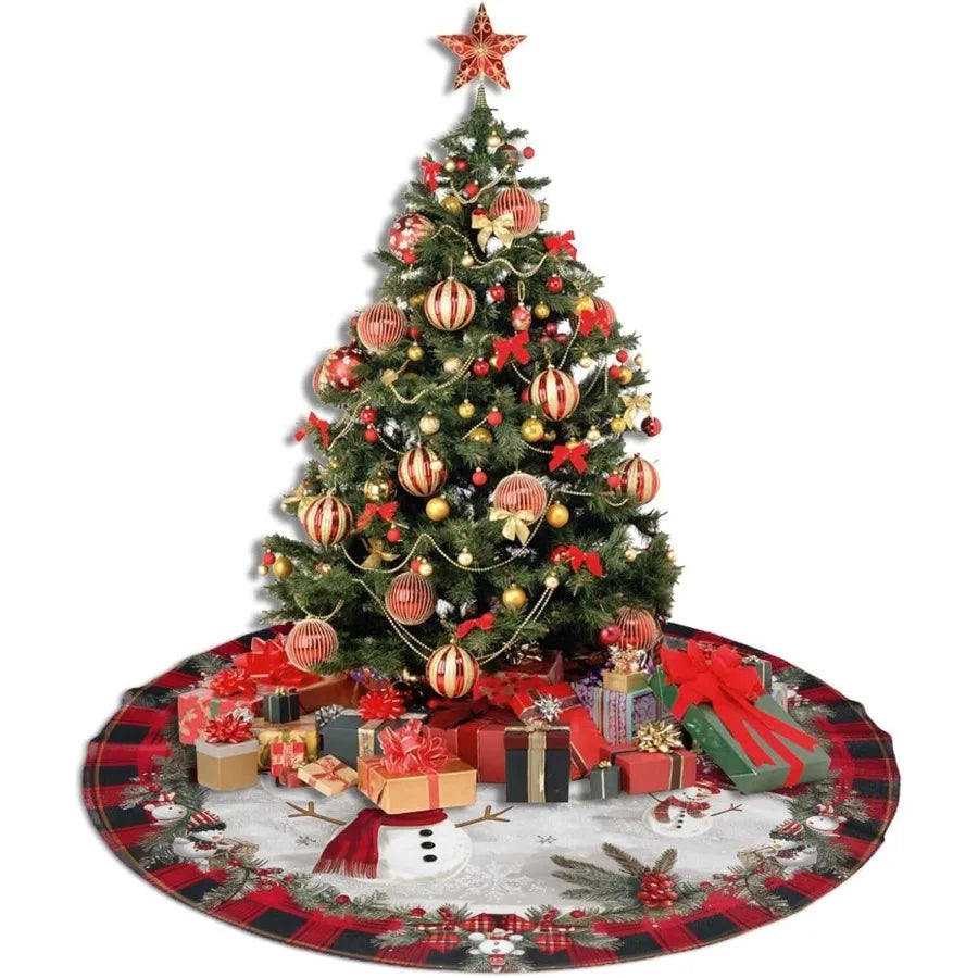 Snowman Christmas Tree Skirt 36 Inch – Farmhouse Style Holiday Decoration with Snowflake and Berry Design