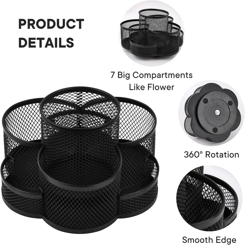 Mesh Rotating Desk Organizer 7 Compartments for Office Supplies